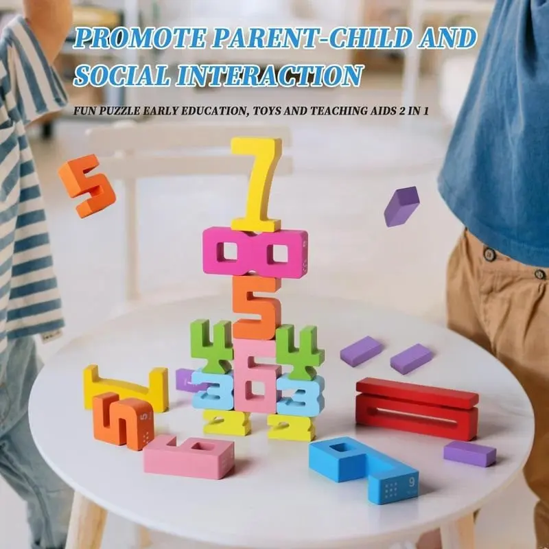 Child stacking wooden number blocks